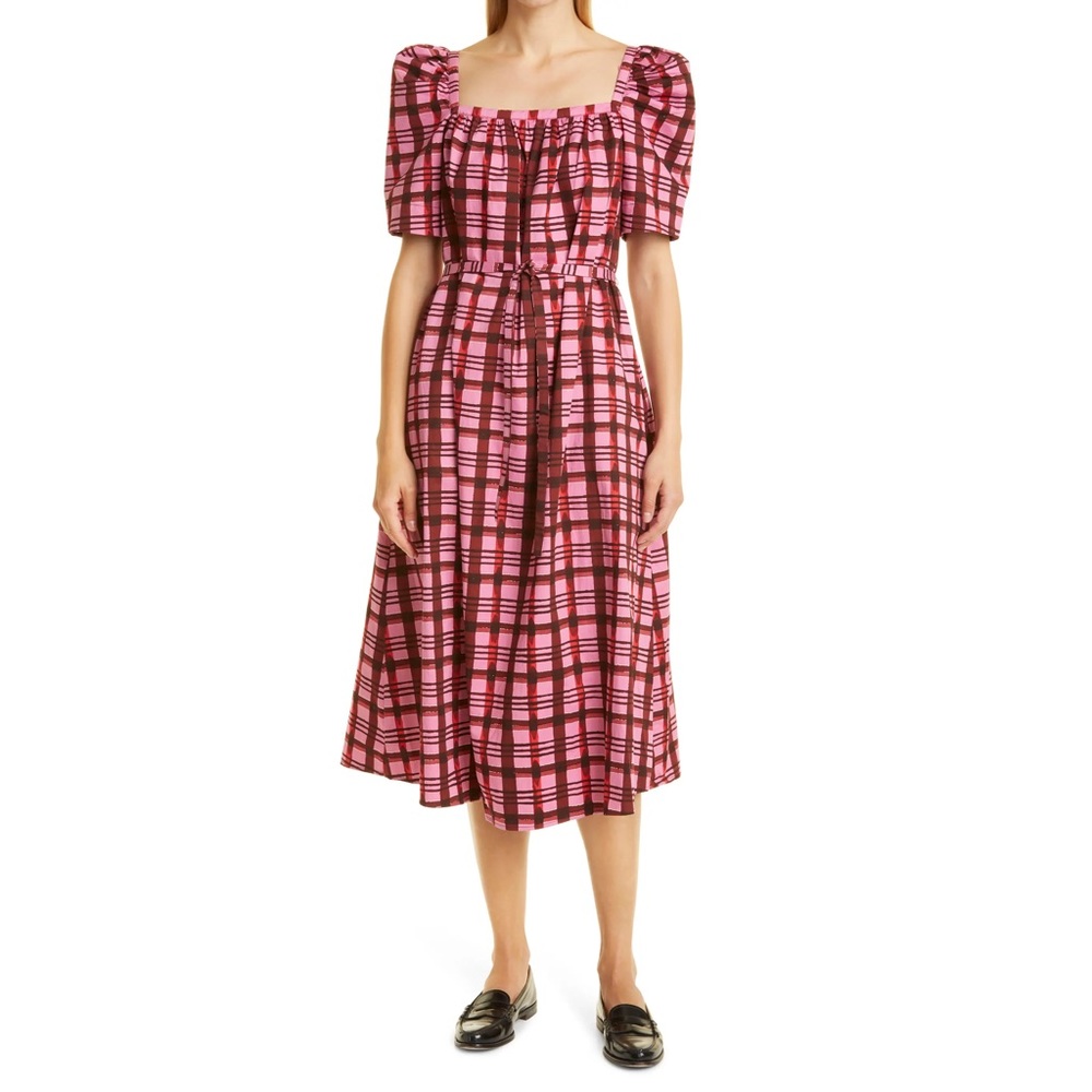 Baum Und Pferdgarten Aiko Plaid Puff Sleeve Organic Cotton Midi Dress Pink Red